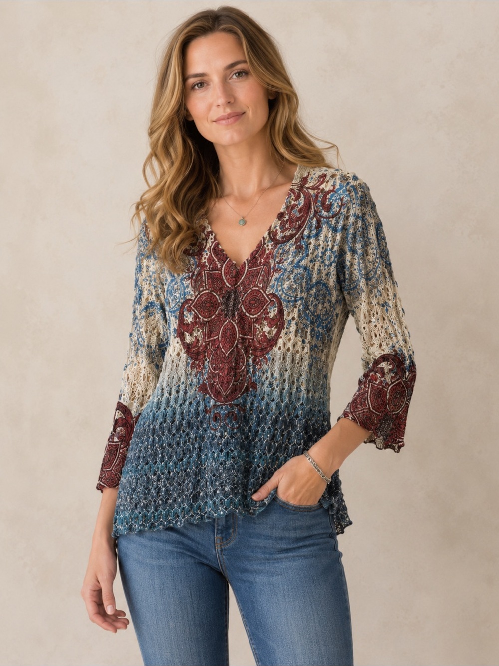 Wrangler Crochet Openwork Paisley V-neck Top 3/4 sleeve - Western/rodeo MED